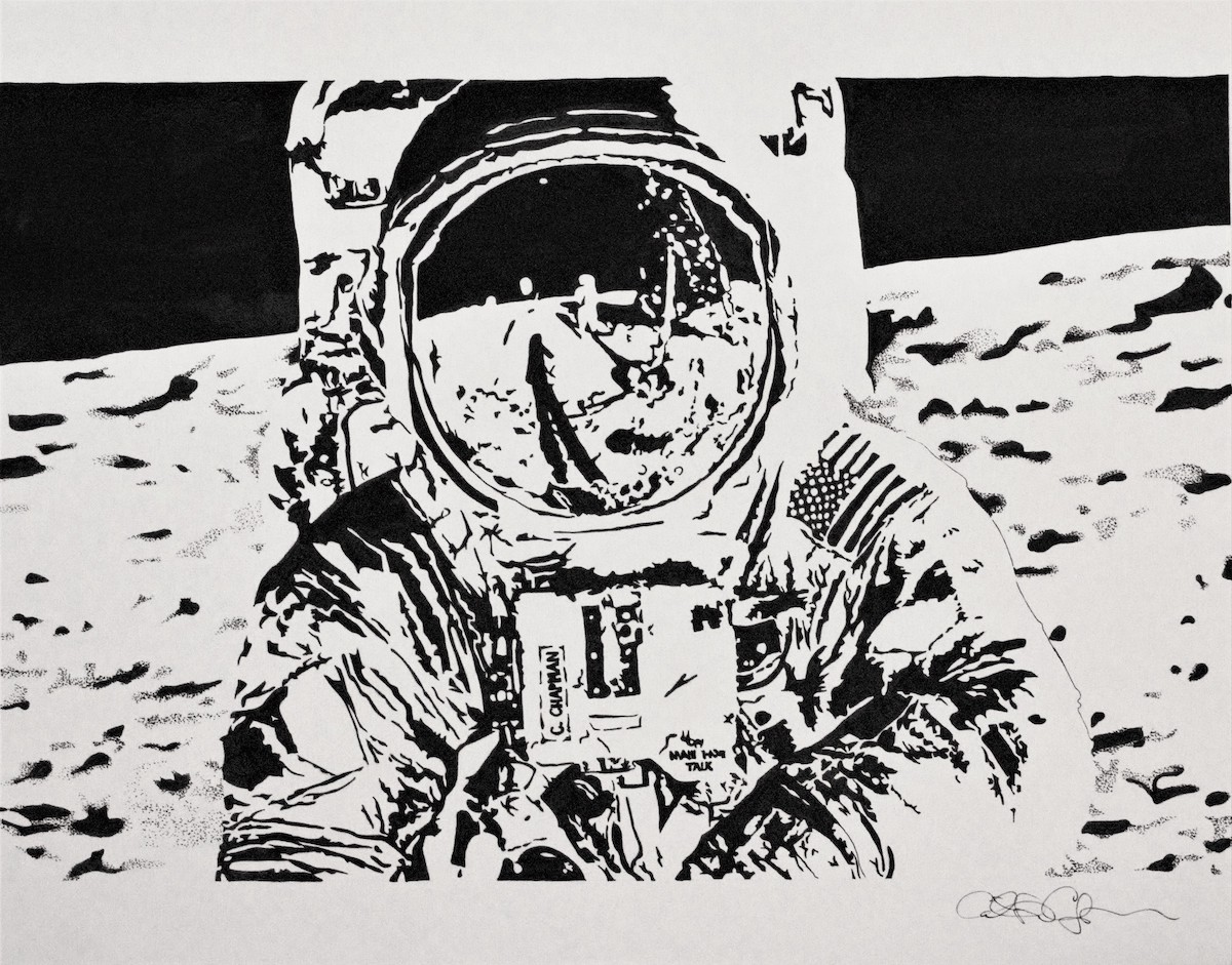 Black and white painting of an astronaut on the moon