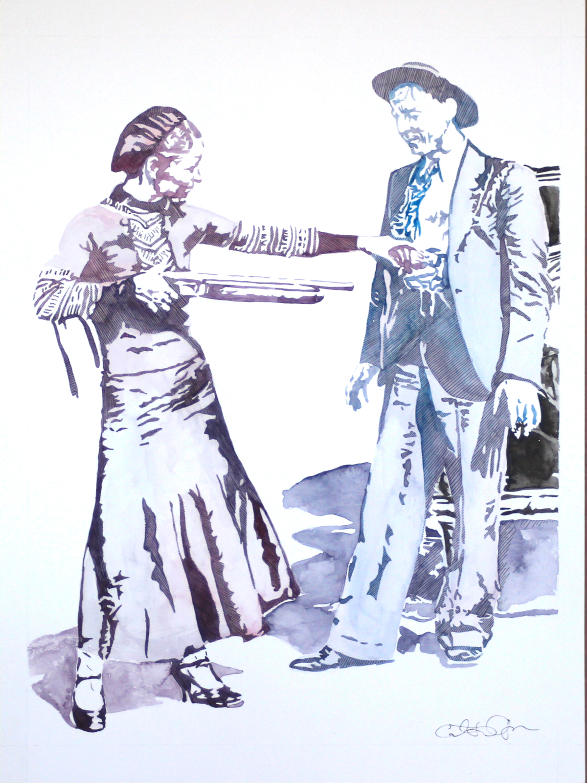 Watercolor painting of Bonnie and Clyde
