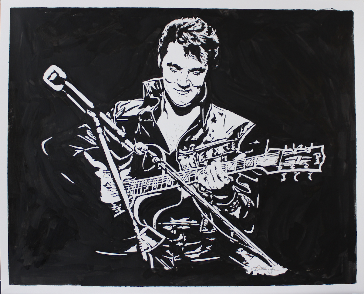 Black and white painting of Elvis Presley