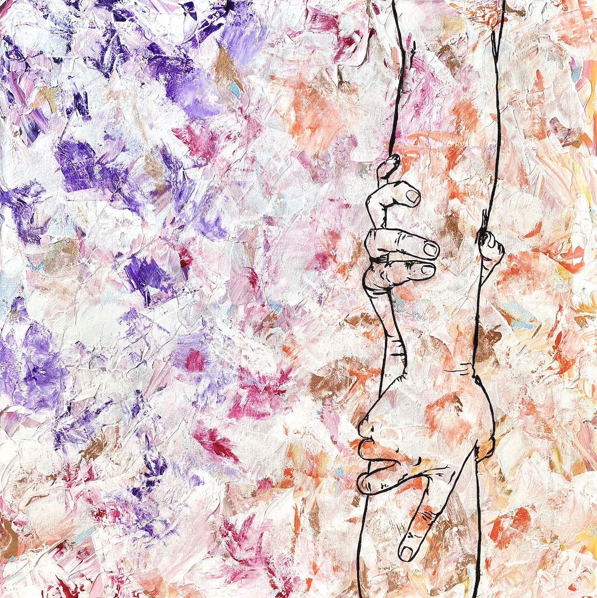 Colorful acrylic painting with black outlines of two arms grasping each other