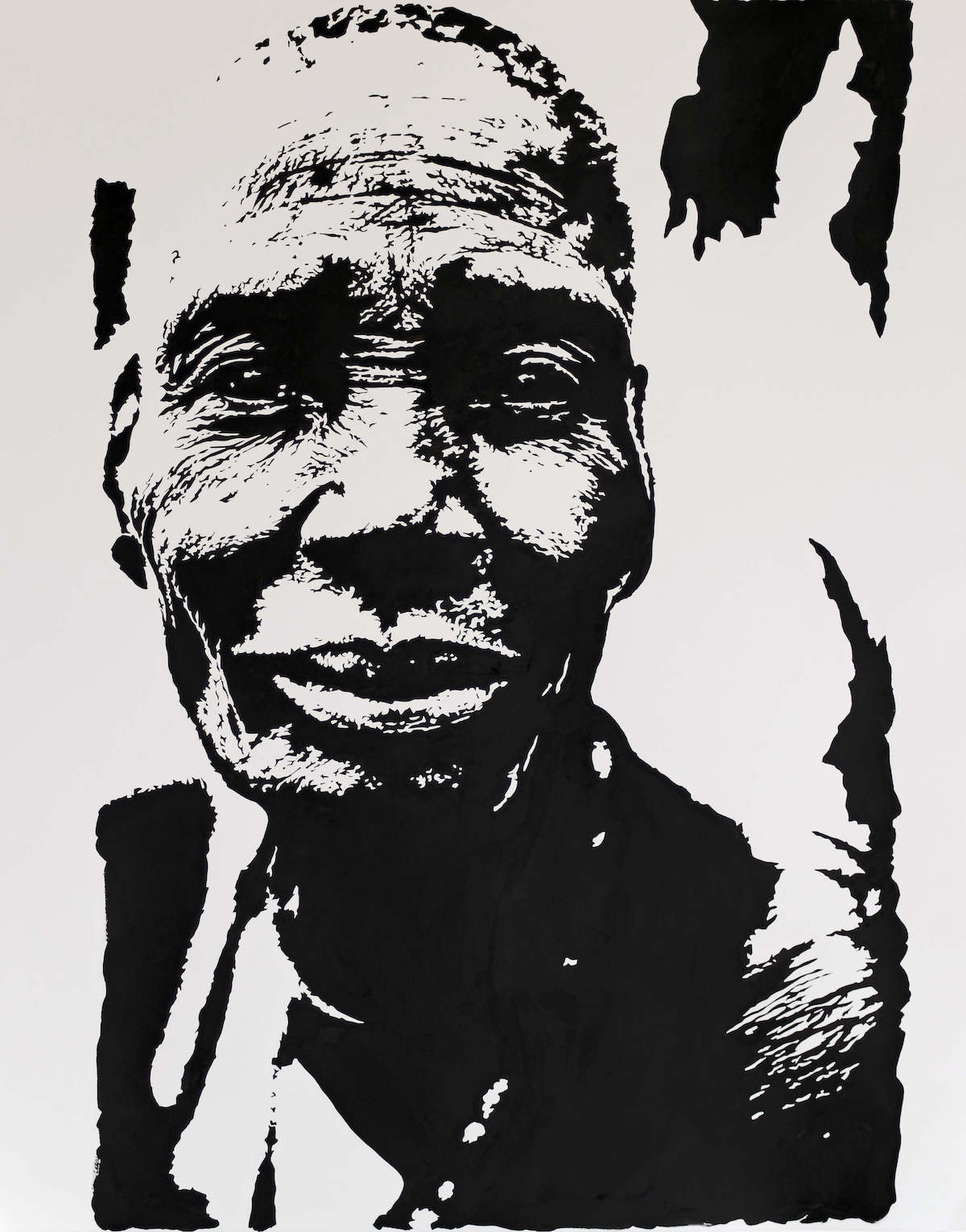 Black and white painting of an old black woman