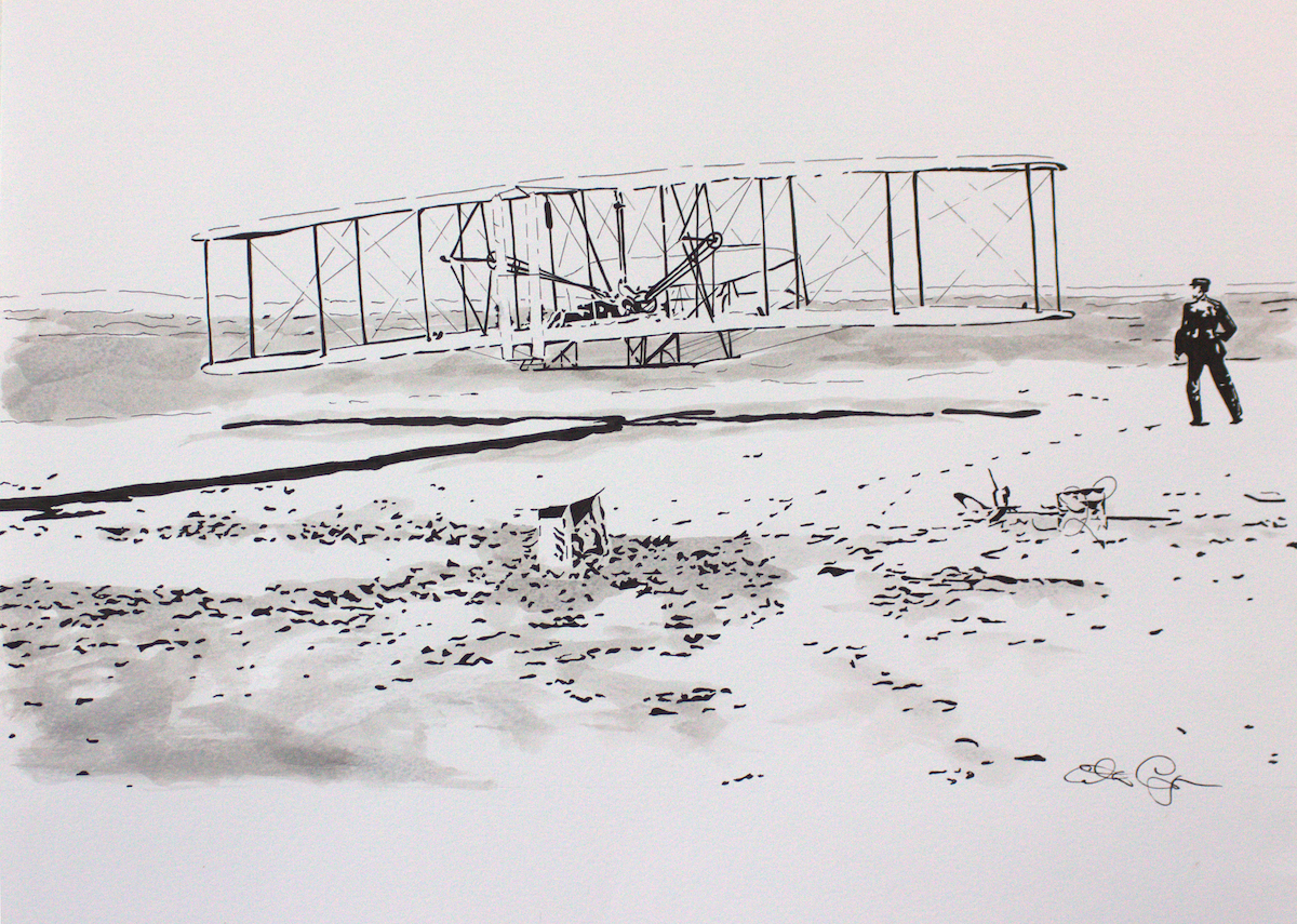 Watercolor painting of the Wright Brothers plane