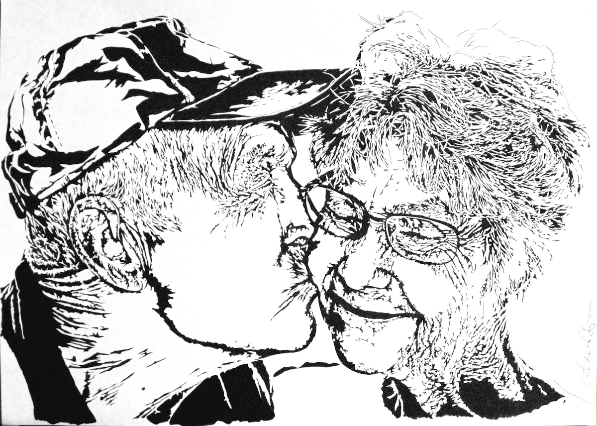 Black and white painting of an old man kissing an old woman
