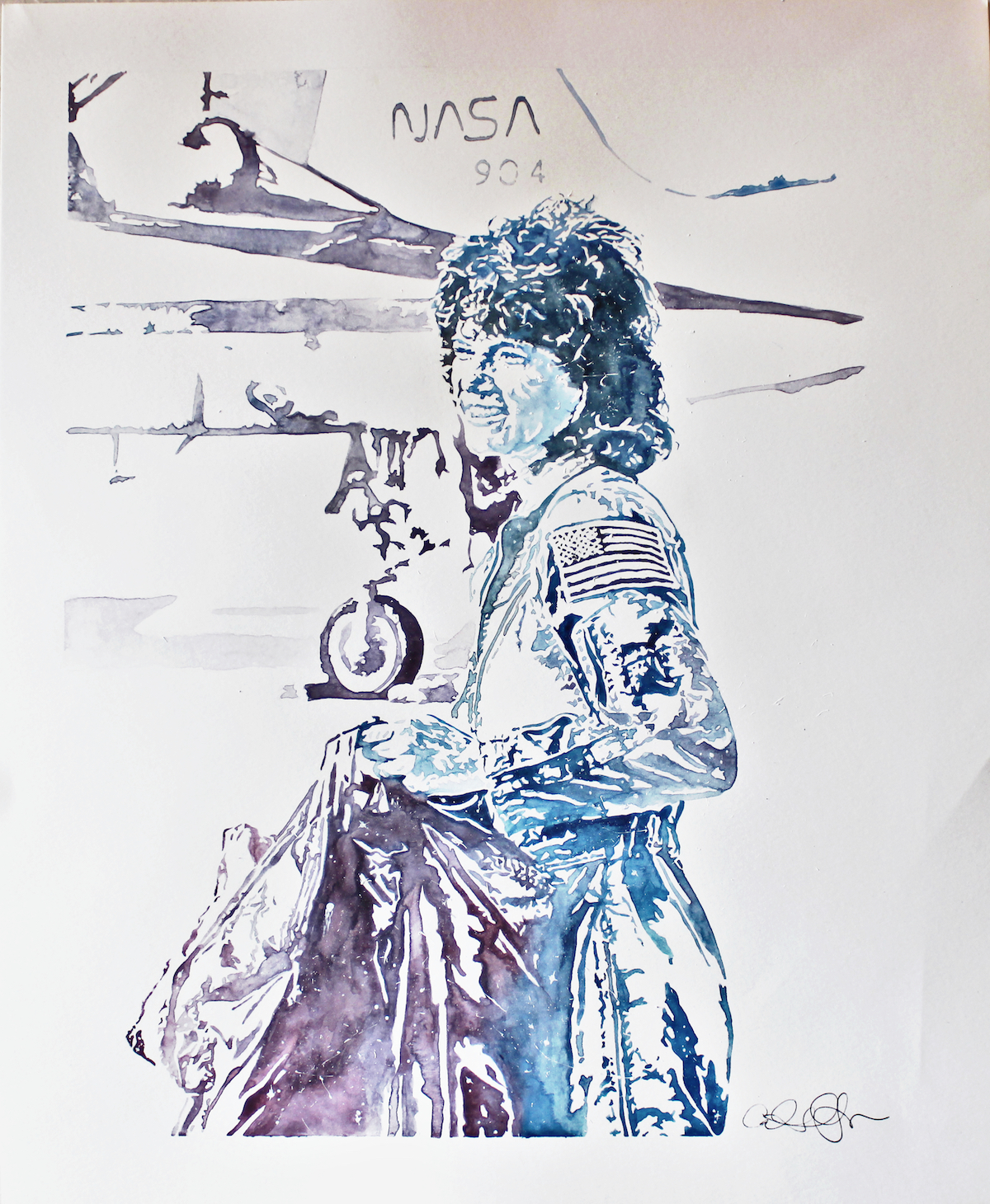 Watercolor painting of a young Sally Ride standing in front of a plane