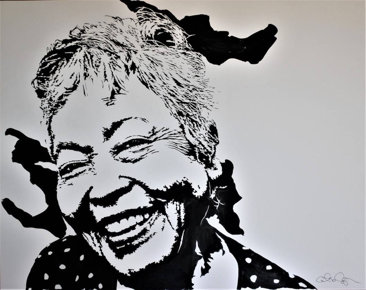 Black and white painting of an older Japanese woman