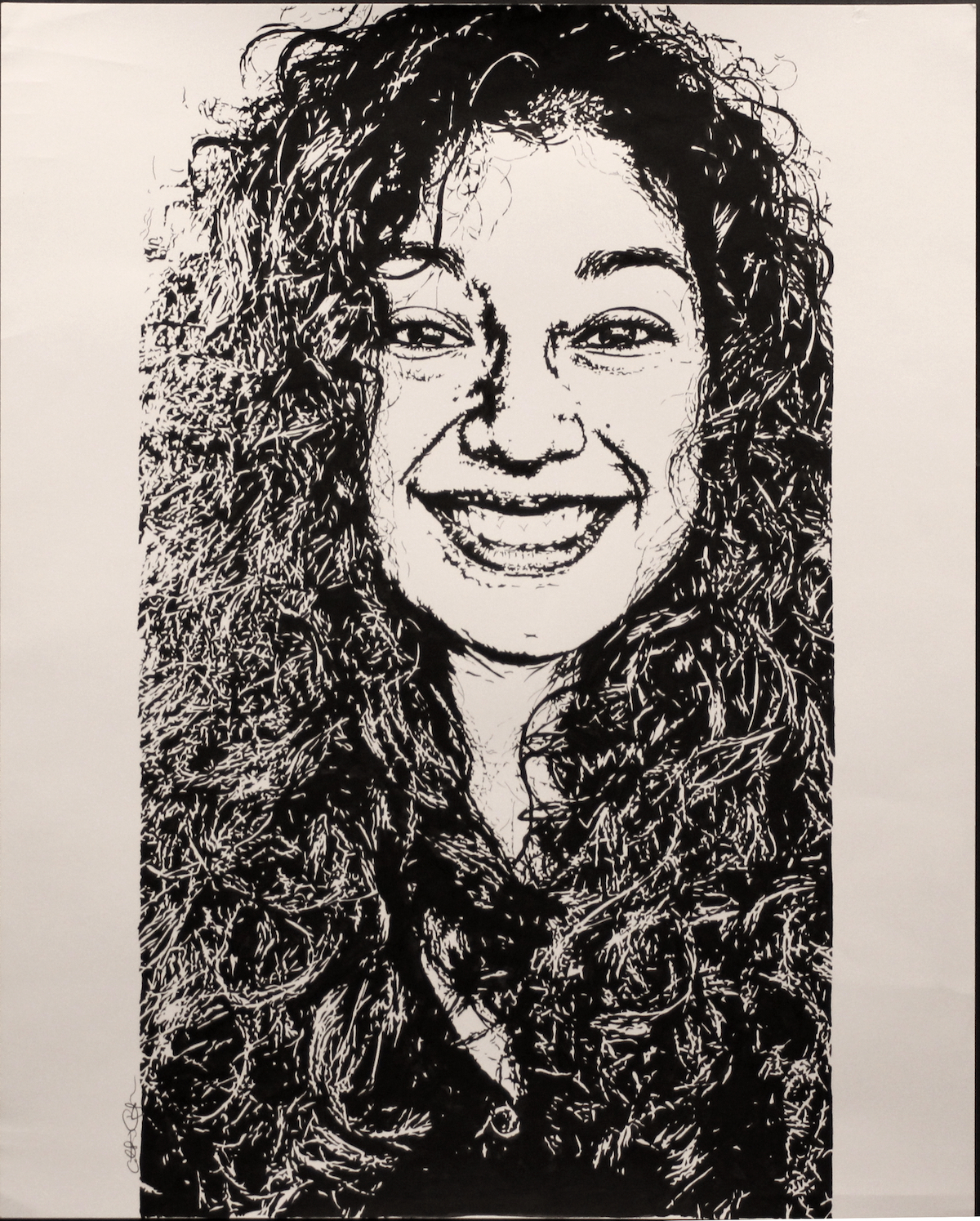 Black and white painting of a younf latina with flowing curly hair