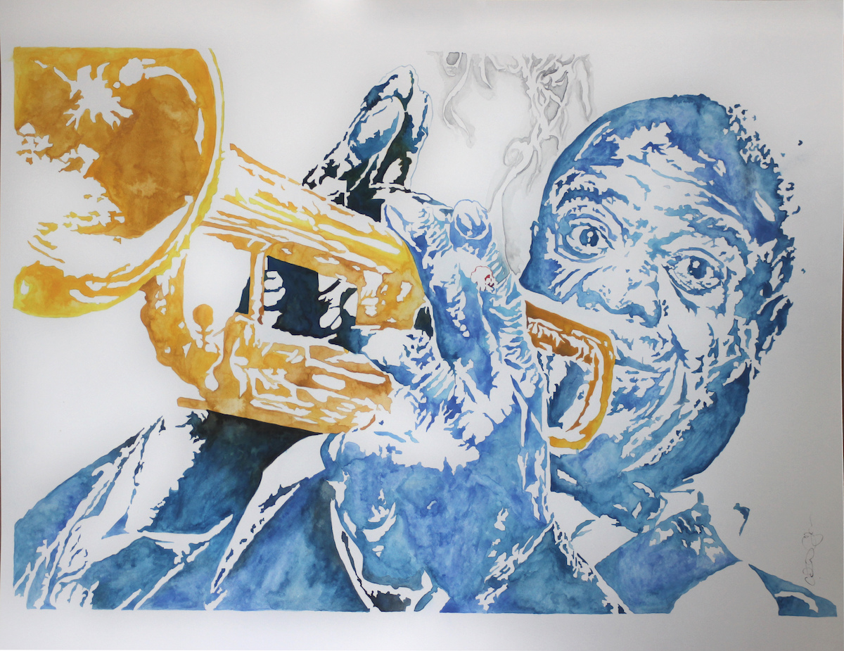 Watercolor painting of Louis Armstrong playing a trumpet