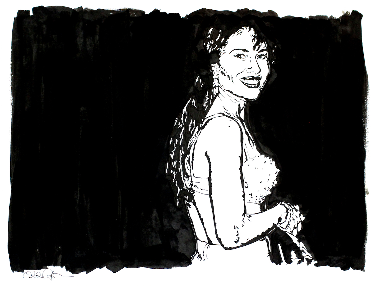 Black and white painting of Selena