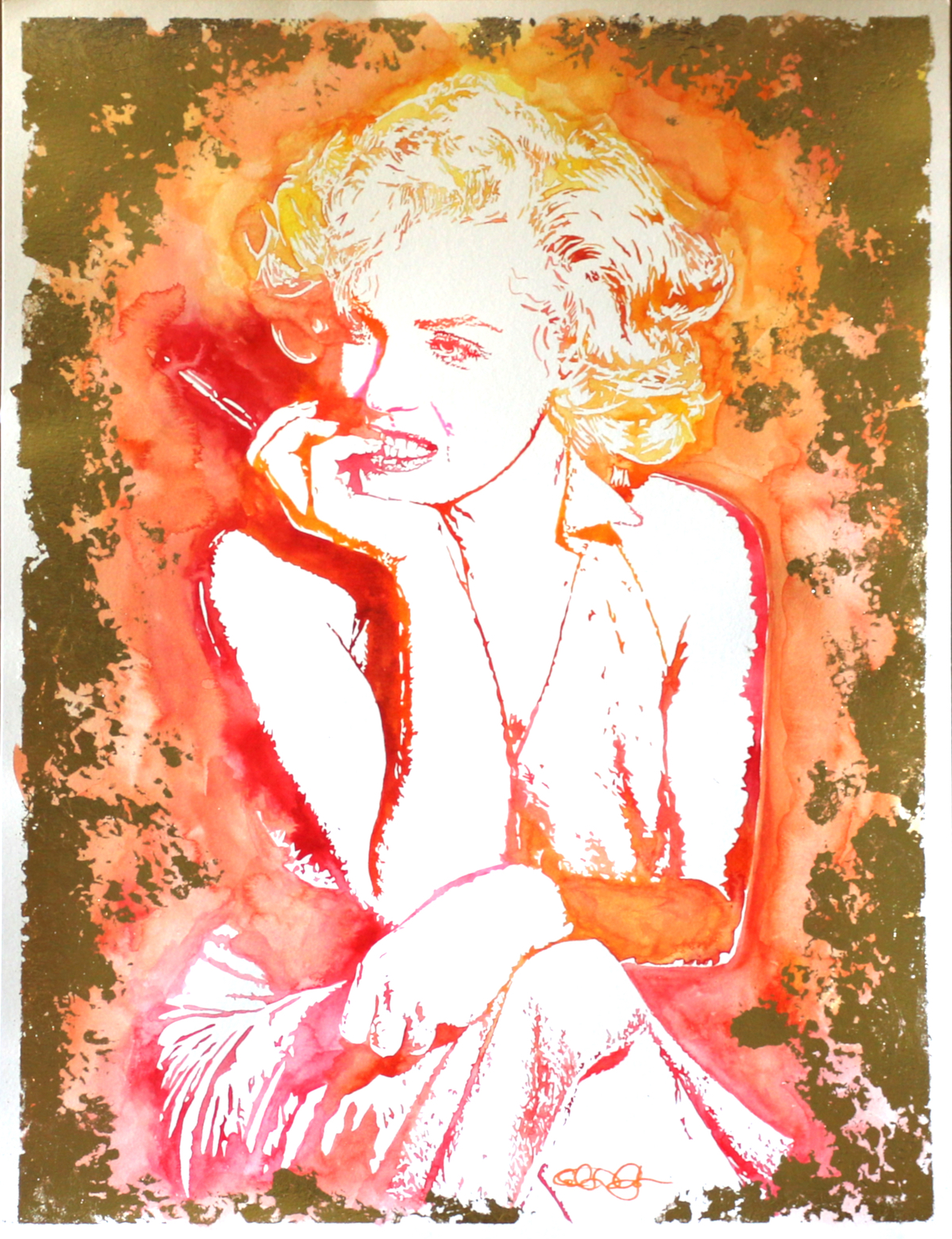 Watercolor and goldleaf painting of Marilyn Monroe