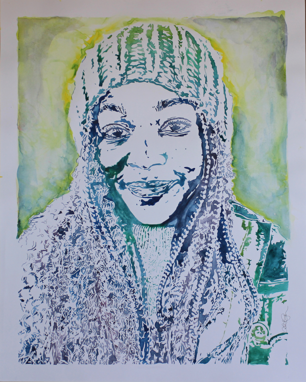 Watercolor painting of a young black woman wearing a hat with long hair covering her shoulders