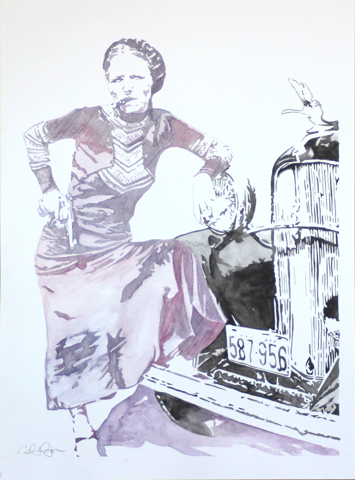 Watercolor painting of Bonnie Parker holding a gun and leaning against a car