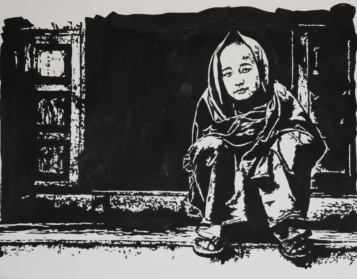 Black and white painting of a young boy sitting