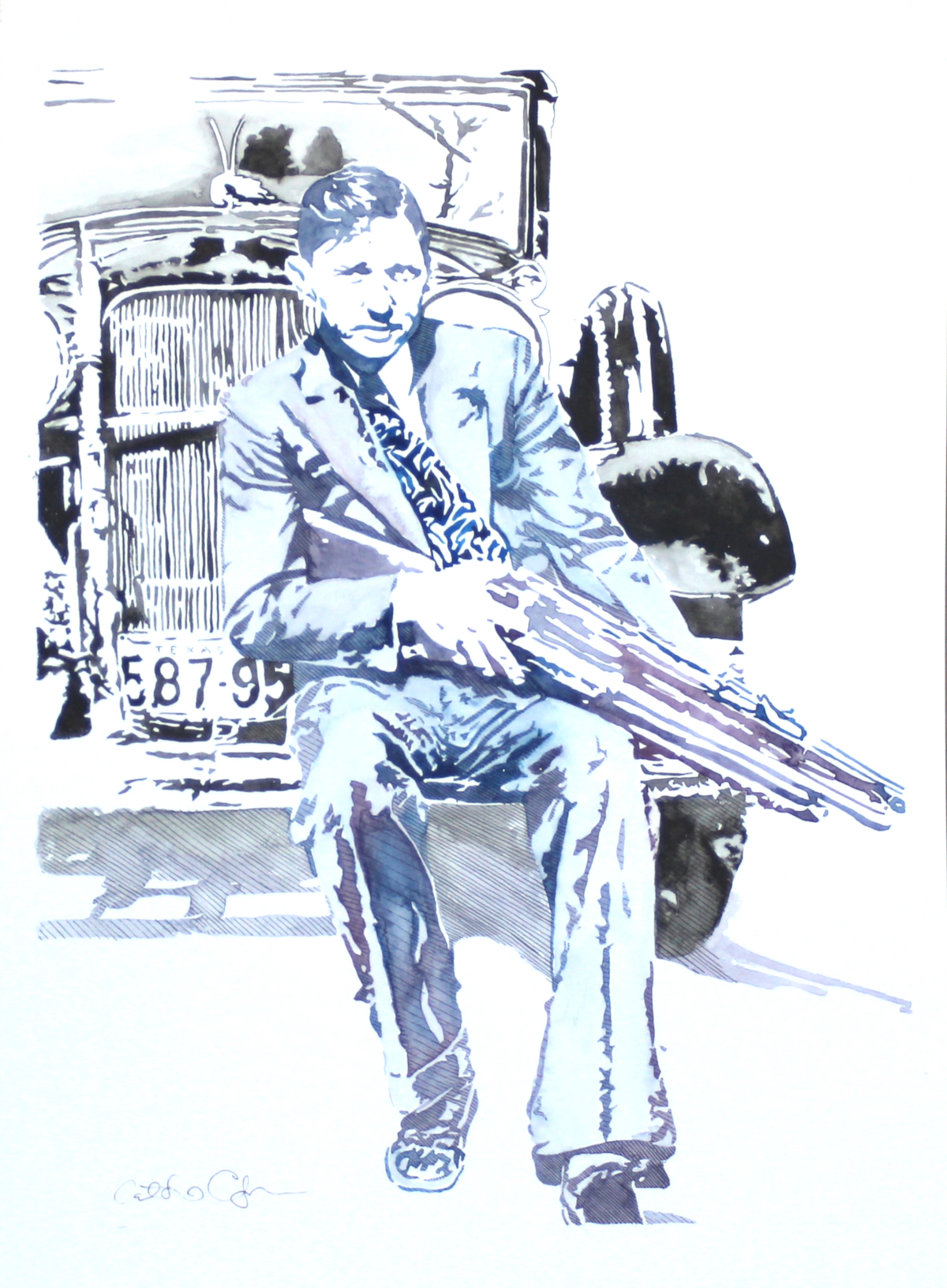 Watercolor painting of Clyde Barrow holding a gun and leaning against a car