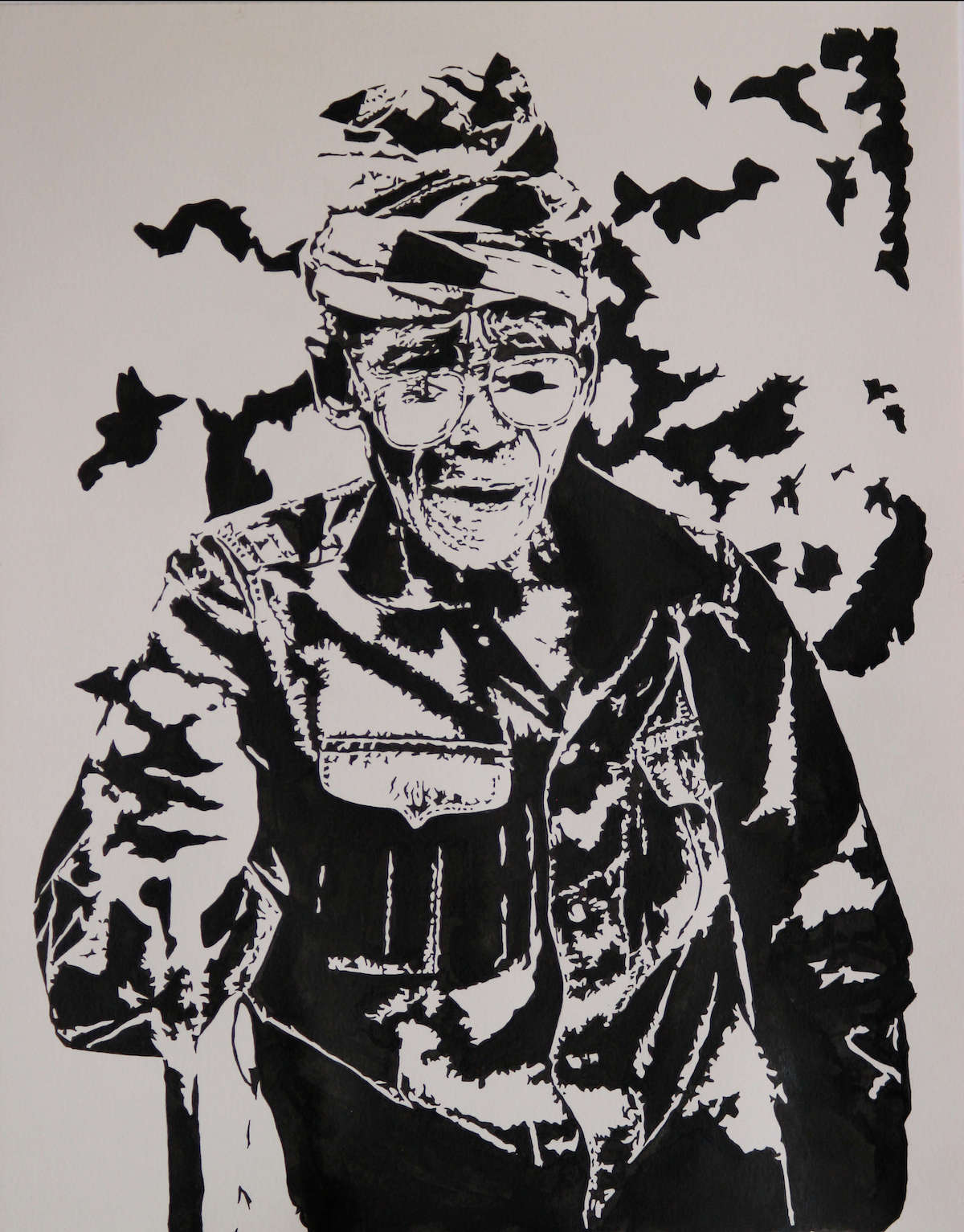 Black and white painting of an old man walking