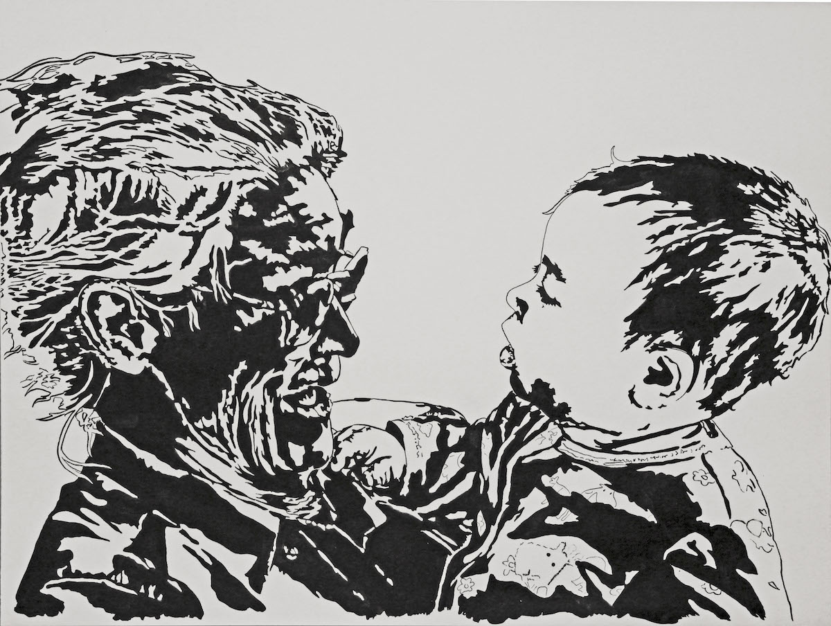 Black and white painting of an older woman holding a baby girl