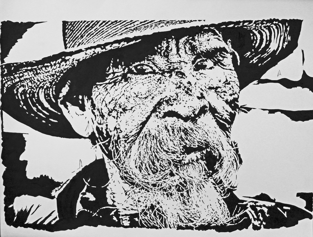 Black and white painting of an old male farmer