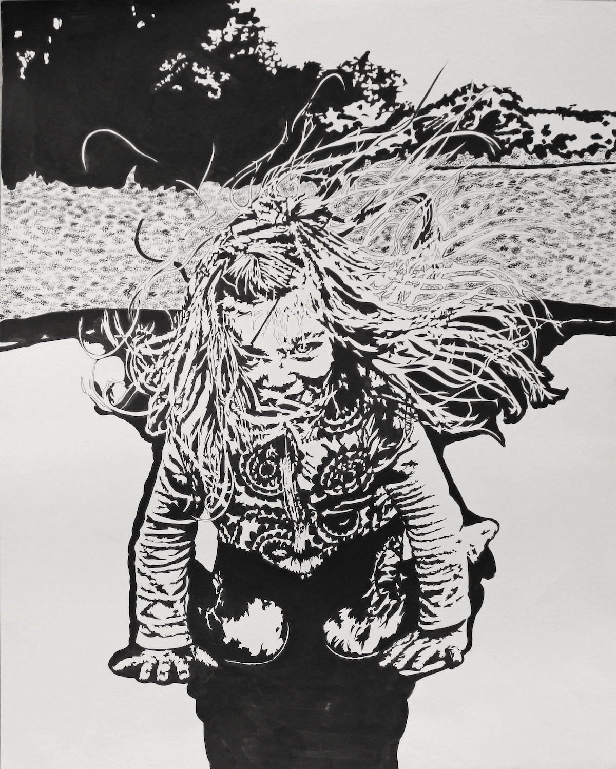 Black and white painting of a young girl on a trampoline with windblown hair