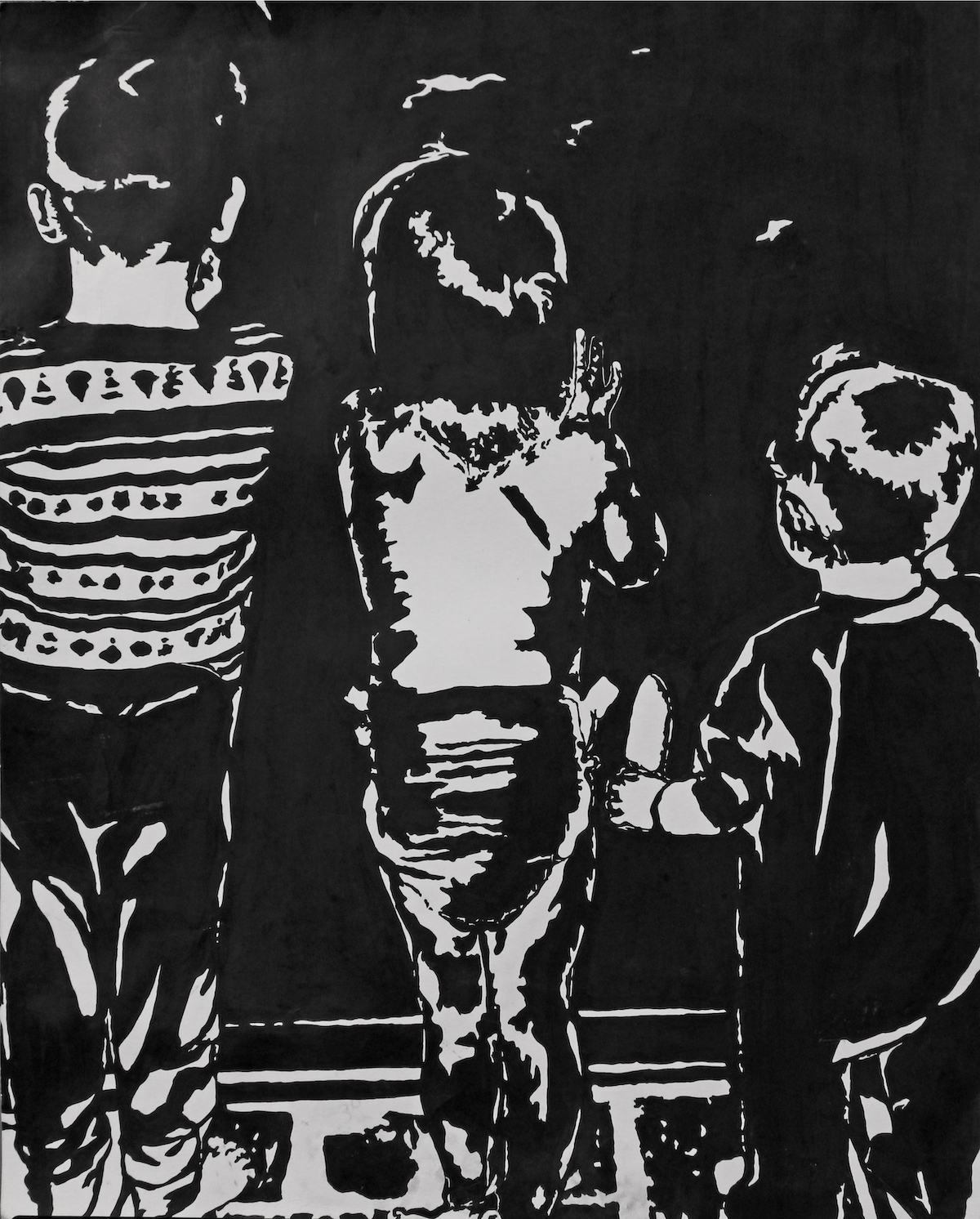 Black and white painting of three children looking outward